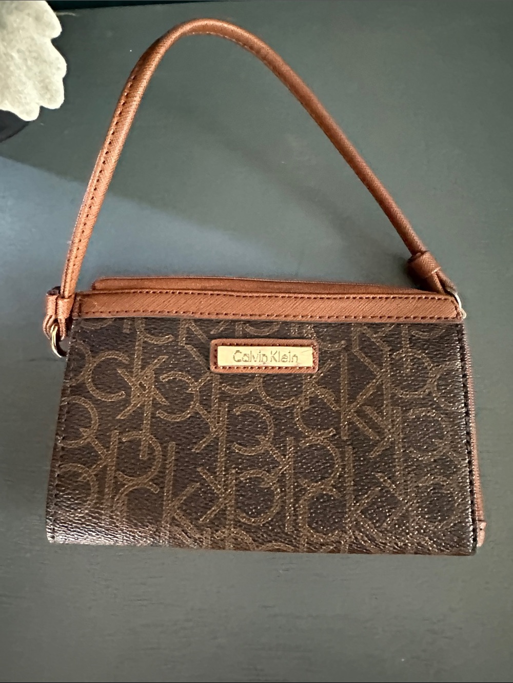 Calvin Klein Brown Logo Wristlet with Tan Trim